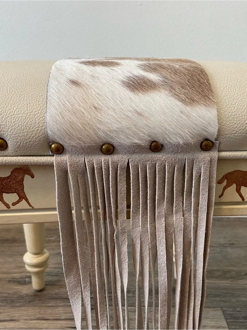 Rustic Western Vanity Stool Cowhide Leather Fringe Horse Accent Country Ottoman